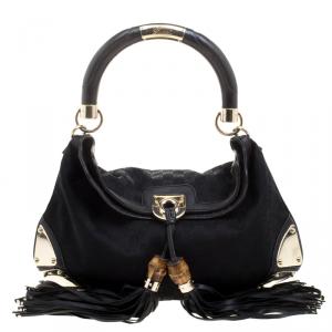 Pre Owned Gucci Black GG Canvas Medium Babouska Indy Top Handle Bag