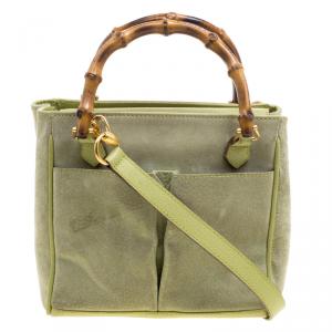 Pre Owned Gucci Mint Green Suede Vintage Bamboo Handle Bag