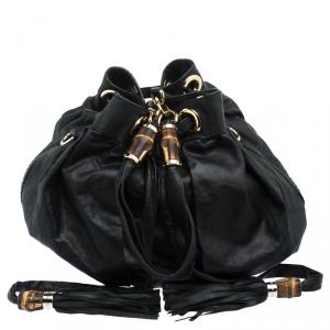 Pre Owned Gucci Black Leather Bamboo Drawstring Bucket bag