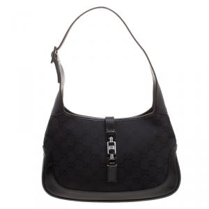 Pre Owned Gucci Black GG Canvas and Leather Small Jackie Hobo