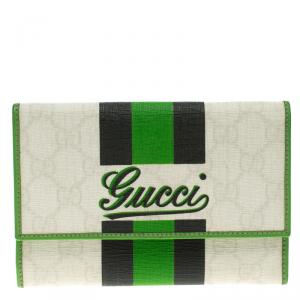 Gucci Off White/Green GG Supreme Canvas Flap Wallet