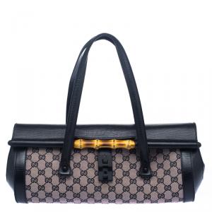Gucci Black/Biege GG Canvas and Leather Bamboo Bullet Satchel