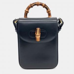 Gucci Black Leather Bamboo Mini Tote and Crossbody Bag