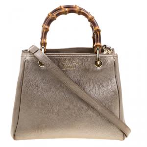 Pre Owned حقيبة يد غوتشي جلد بيج ميتاليك بحمالة علوية من البامبو