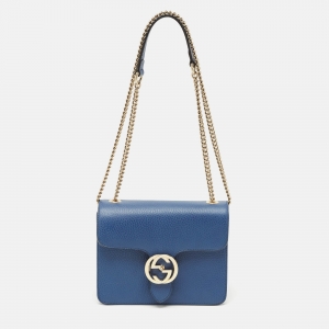 Gucci Blue Leather Dollar Interlocking G Flap Crossbody Bag