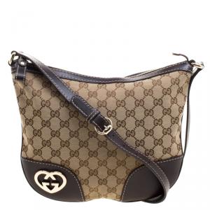 Pre Owned Gucci Beige/Brown GG Canvas and Leather Lovely Heart Crossbody Bag