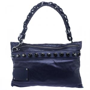 Pre Owned Gucci Metallic Blue Leather Studded Shoulder Bag