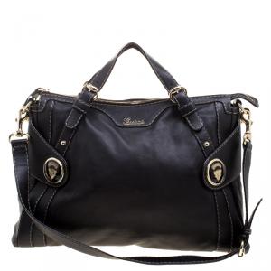 Pre Owned Gucci Black Leather Crest Boule Top Handle Bag