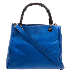 Pre Owned Gucci Metallic Blue Leather Small Bamboo Top Handle Shopper Tote