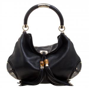Pre Owned Gucci Black Leather Large Indy Top Handle Bag