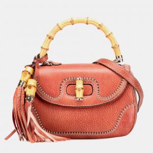 Gucci Red Small Leather New Bamboo Satchel