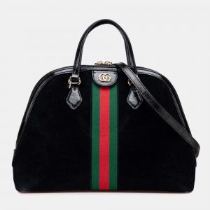 Gucci Black Medium Suede Ophidia Web Dome Satchel