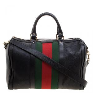Pre Owned Gucci Black Leather Medium Vintage Web Boston Bag