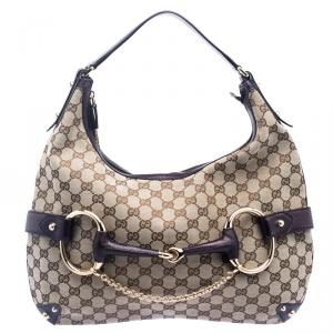 Pre Owned Gucci Beige/Metallic Purple GG Canvas Horsebit Hobo