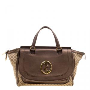 Pre Owned Gucci Beige/Metallic Dark Beige Canvas and Leather  Medium 1973 Top Handle Bag