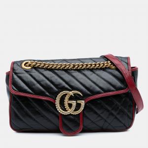 Pre Owned Gucci Black/Red Small GG Marmont Matelasse Leather Torchon Flap Crossbody Bag