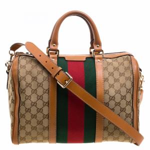 Pre Owned Gucci Beige/Tan GG Canvas Medium Vintage Web Boston Bag