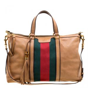 Pre Owned Gucci Light Brown Leather Web Rania Top Handle Bag