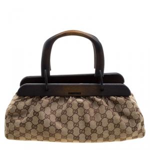 Pre Owned Gucci Beige GG Canvas Wooden Doctors Bag