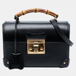 Pre Owned Gucci Black Small Leather Bamboo Padlock Satchel