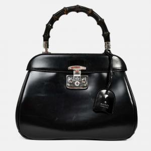 Pre Owned Gucci Black Leather Bamboo Medium 'Lady Lock' Top Handle Bag