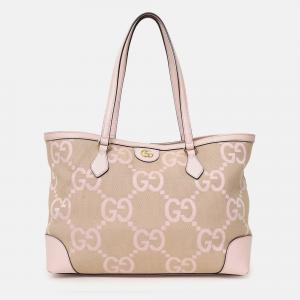 Pre Owned Gucci Beige/Pink Jumbo GG Medium Ophidia Tote