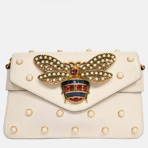 Pre Owned Gucci White Leather Pearl Studded Mini Broadway Bee Shoulder Bag with Web Strap