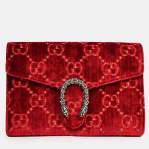 Pre Owned Gucci Red Velvet GG Supreme Monogram Small Dionysus Chain Shoulder Bag