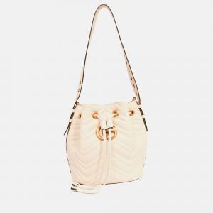 Pre Owned Gucci White Leather GG Marmont Medium Bucket Bag with Strap