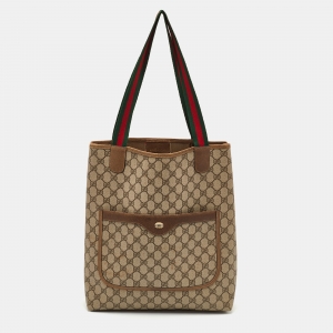 Pre Owned Gucci Beige/Brown GG Supreme Canvas and Leather Web Sherry Line Tote