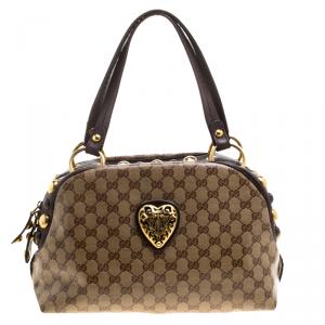 Pre Owned Gucci Beige/Brown GG Crystal Canvas Medium Babouska Crest Dome Bag