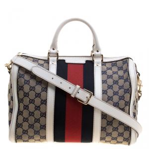 Pre Owned Gucci White/Blue GG Canvas Medium Vintage Web Boston Bag