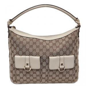 مملوكة مسبقًا Gucci Beige/White GG Canvas D-Gold Multipocket Hobo
