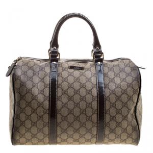 Pre Owned Gucci Beige/Brown GG Supreme Canvas and Leather Medium Joy Boston Bag
