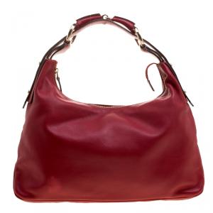 Pre Owned Gucci Red Leather Medium Horsebit Hobo