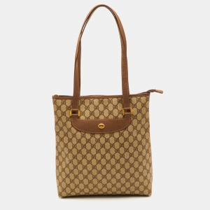 Pre Owned Gucci Sherry Beige/Brown GG Supreme Canvas and Leather Tote