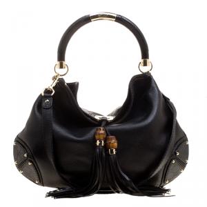 Pre Owned Gucci Black Leather Large Indy Top Handle Bag