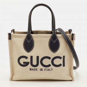 Pre Owned Gucci Logo Print Beige/Navy Blue Canvas and Leather Limited Edition Tote