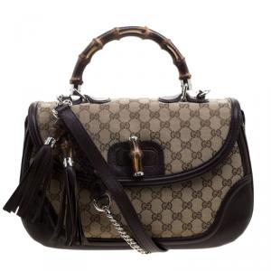 Pre Owned Gucci Brown Canvas Leather Large New Bamboo Tassel Top Handle Bag