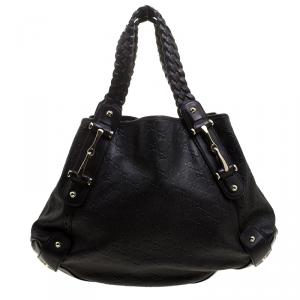 Pre Owned Gucci Black Guccissima Leather Medium Horsebit Pelham Shoulder Bag
