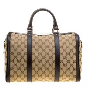 Pre Owned Gucci Beige/Brown Canvas Web Original GG Boston Bag