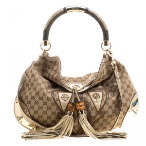 Pre Owned Gucci Beige GG Canvas Limited Edition Crest Patchwork Indy Top Handle Bag