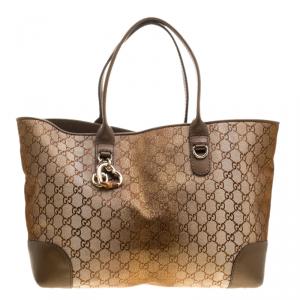 Pre Owned Gucci Beige/Bronze GG Canvas and Leather Medium Charms Embellished Heart Bit Tote