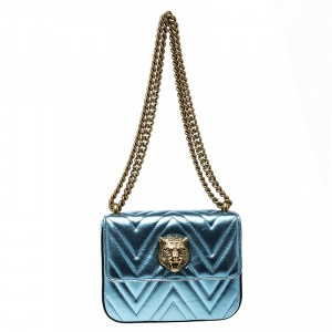 Pre Owned حقيبة كتف غوتشي قلاب رأس نمر برودواي جلد شيفرون زرقاء فاتحة