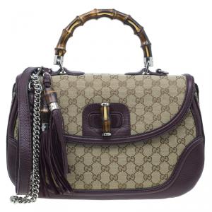 Gucci Burgundy Canvas and Leather Trim Borsa Bamboo Top Handle