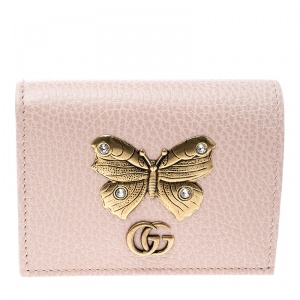 Gucci Blush Pink Leather Butterfly Emmbellished Card Case