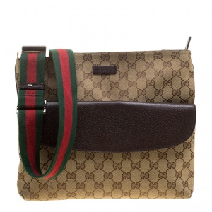 Pre Owned Gucci Beige/Brown GG Canvas Web Messenger Bag