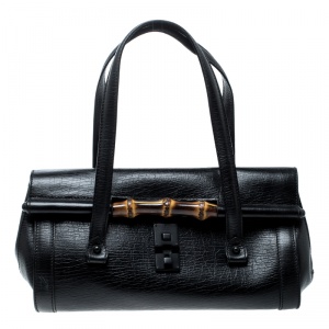 Pre Owned Gucci Black Leather Bamboo Bullet Satchel