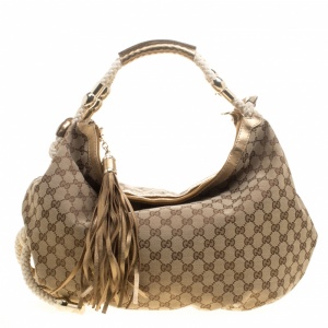 Pre Owned Gucci Beige/Gold GG Canvas and Leather Acapulco Hobo
