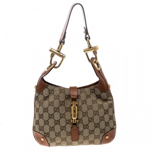 مملوكة مسبقًا Gucci  Beige/Cognac GG Canvas and Leather Small Jackie Nailhead Hobo